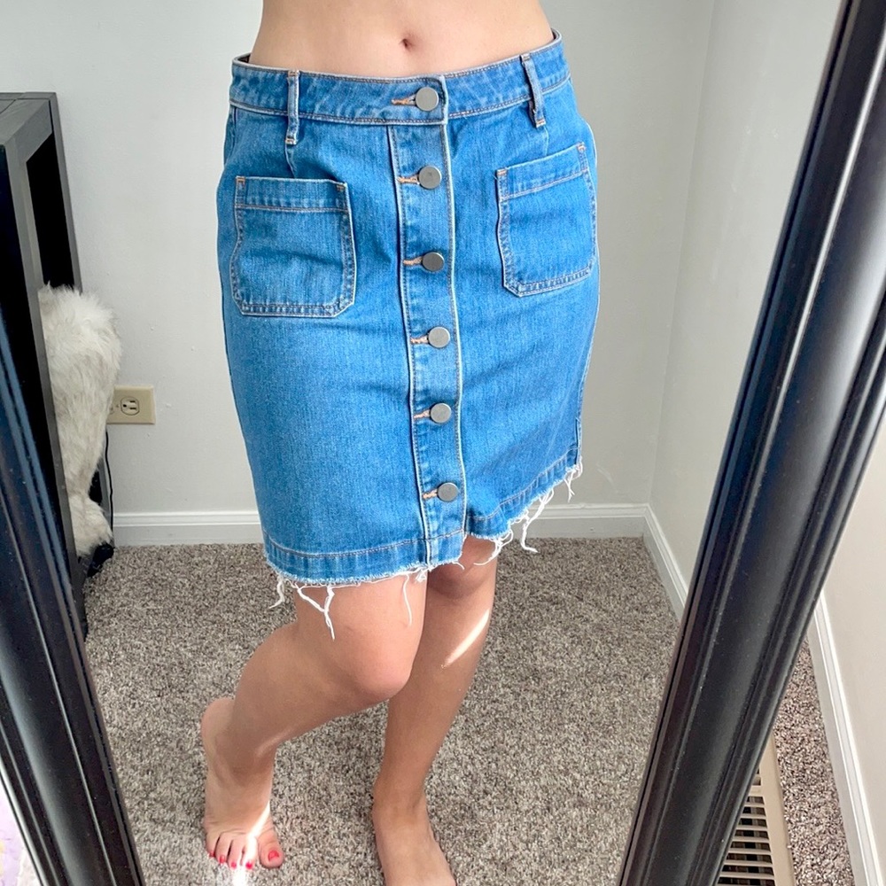 LOFT Blue Mini Denim Skirt Button Front Raw Hem